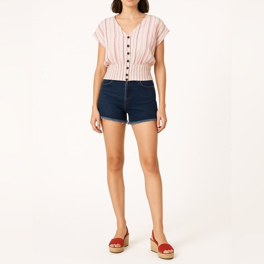 FRED DAVID Striped Button Front Smocked Waist Crop Top | M | Pink White | Boho